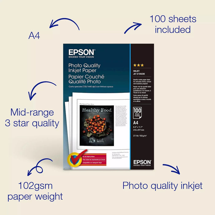 Epson SO41061, Photo Quality Ink Jet Paper A4, Pack of 100