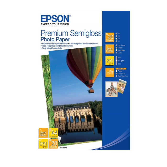 Epson SO41332, Premium Semigloss Photo Paper, A4, Pack of 20