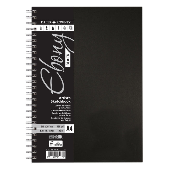 Daler Portfolio Book Ebony Spiral Bound Black Paper A4, 40 Pages