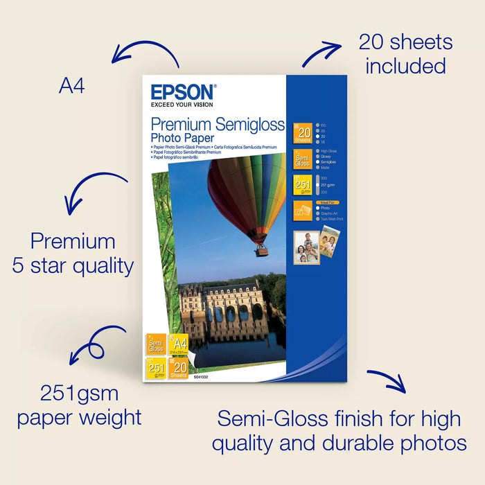 Epson SO41332, Premium Semigloss Photo Paper, A4, Pack of 20